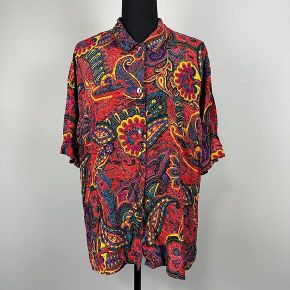Vtg Chicos Design Button Up Shirt Large Sz 2 Multicolor Paisley Rayon Blouse - Picture 3 of 11